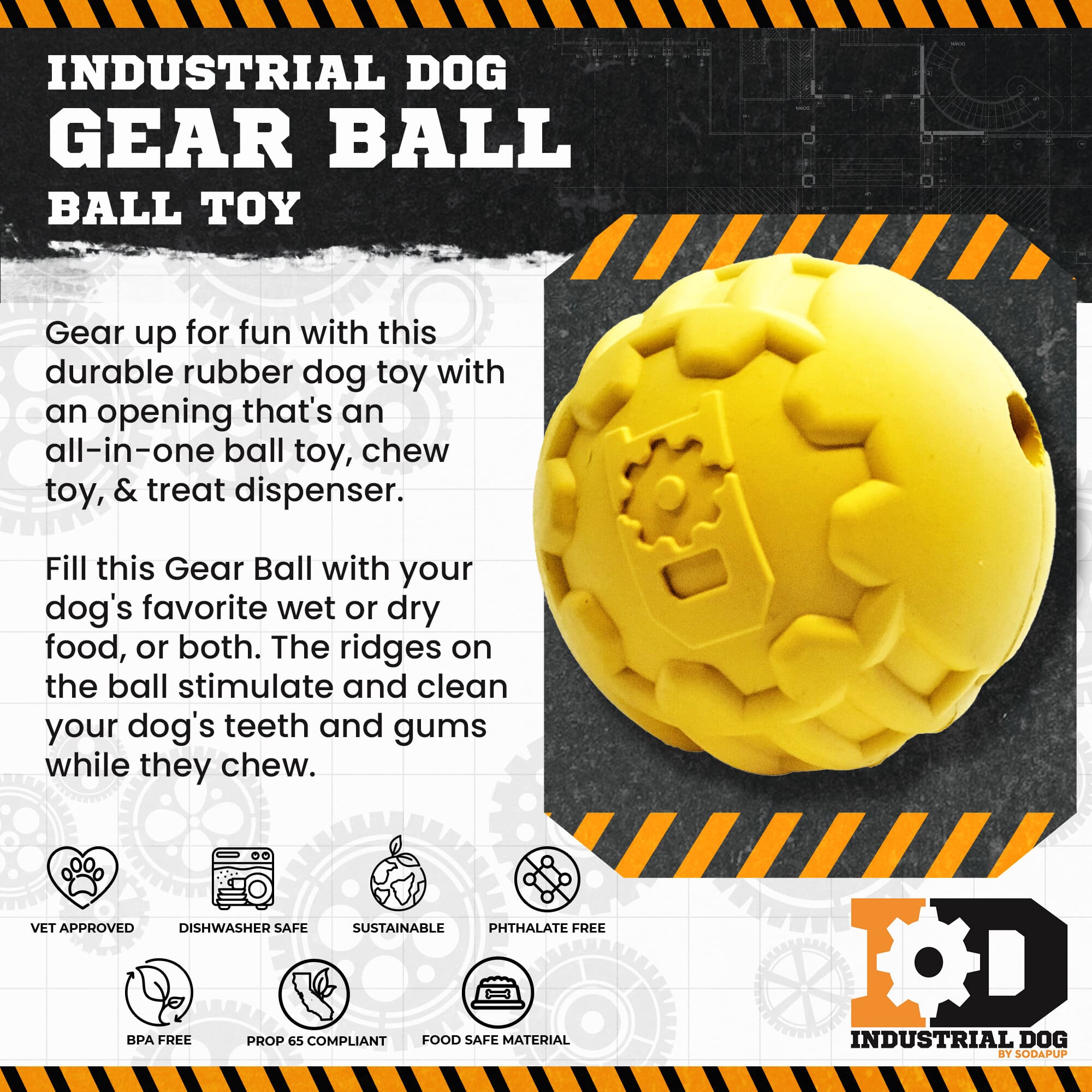 Industrial Dog Ball Rubber Chew Toy for Heavy Chewers | Yellow | USA Made